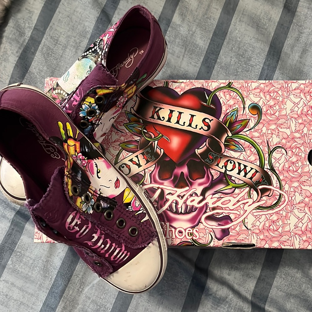 Ed Hardy purple sneakers.